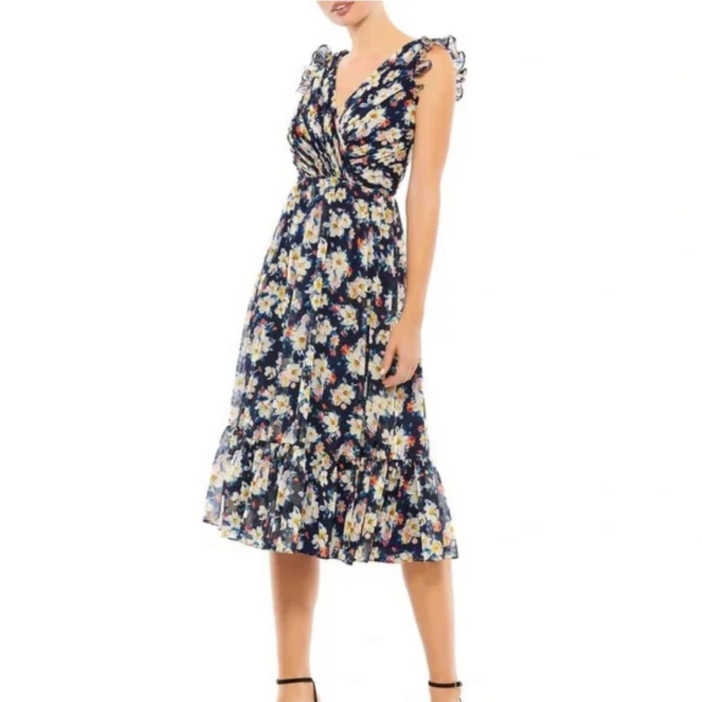 MAC DUGGAL  FLOWY FLORAL PRINT V NECK CAP SLEEVE MIDI DRESS ,size 4